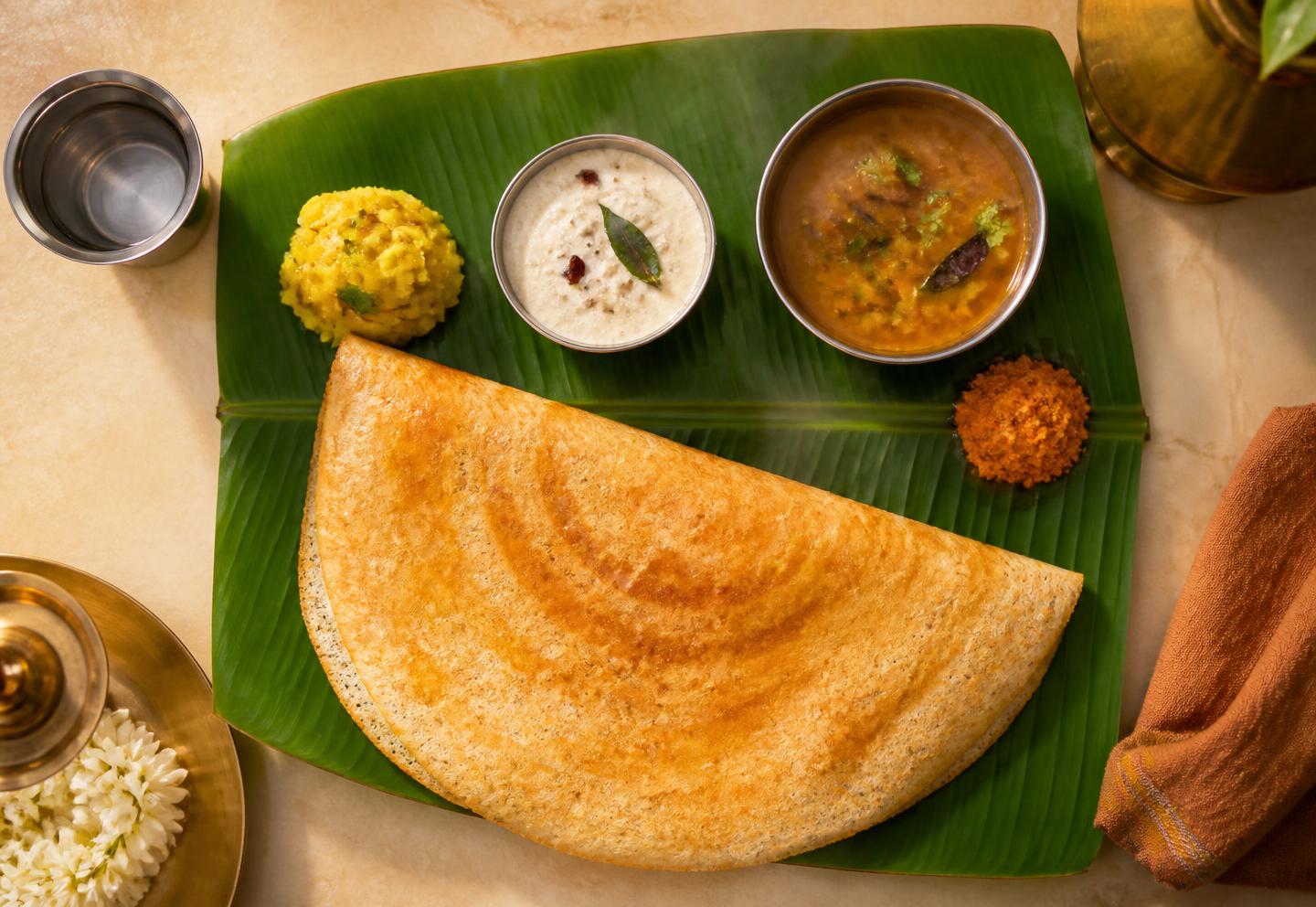 A pure vegetarian South Indian meal served on a banana leaf at Sri Garuda Vihar